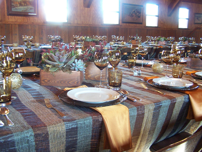 table with striped tablecloth set with white plates and gold napkins and succulents as centerpieces