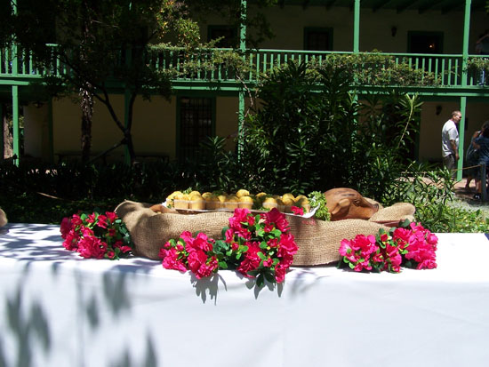 close up view of pink bougainvillea flowers and wooden bowls as centerpiece