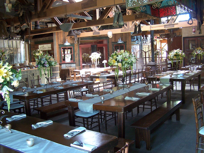 wood tables with benches under roof looking at more tables set up outside