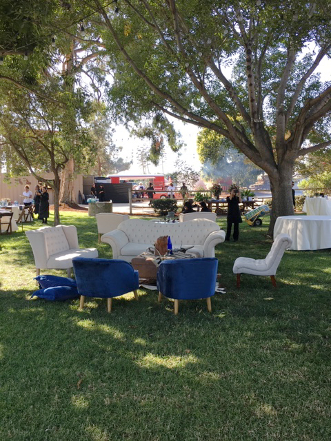 conversation area set up with big red in the background