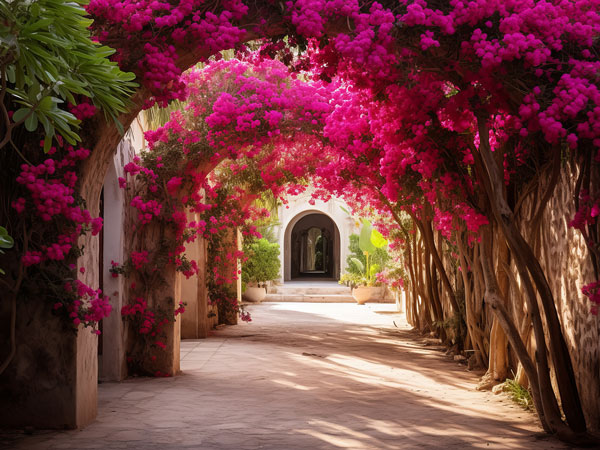 Archs of bougainvillea over walkway. Santa Barbara architecture. 