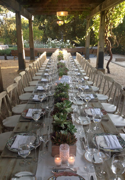 Outdoor long table set up for wedding party during early evening.