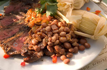 sliced beef with beans and tamale