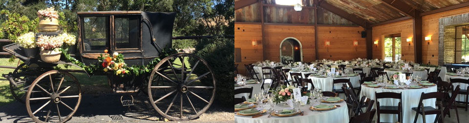 two photos of a decorated carriage and inside a decorated barn