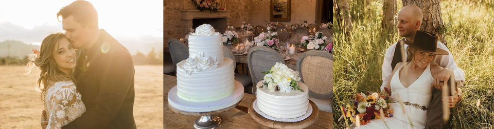 two brides and white wedding cake